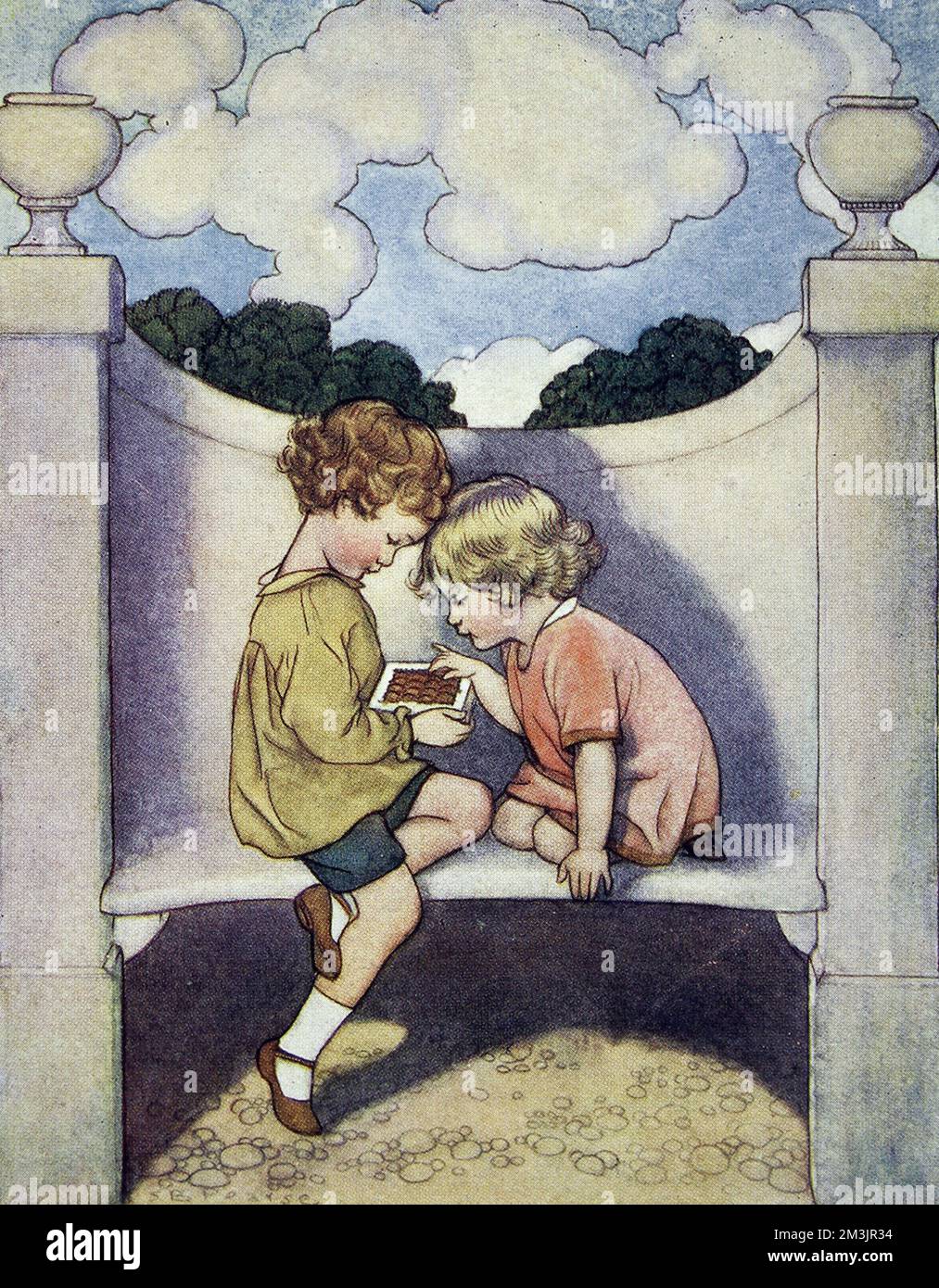Illustration by Susan Beatrice Pearse showing an outdoor garden scene of a young boy offering a chocolate to a little girl. Susan Pearse was a regular contributor to the Sphere and other ILN titles. Her illustrations in childrens' books and on posters (including the Start-rite shoes children still in use today) recall the style of Mabel Lucie Attwell and Honor Bishop.  Christmas number 1930 Stock Photo