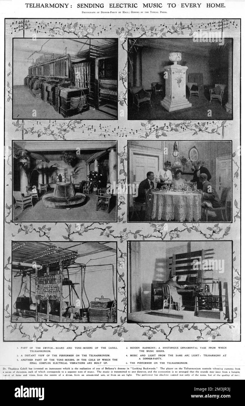 Series of images from 1907 showing a Telharmony machine invented