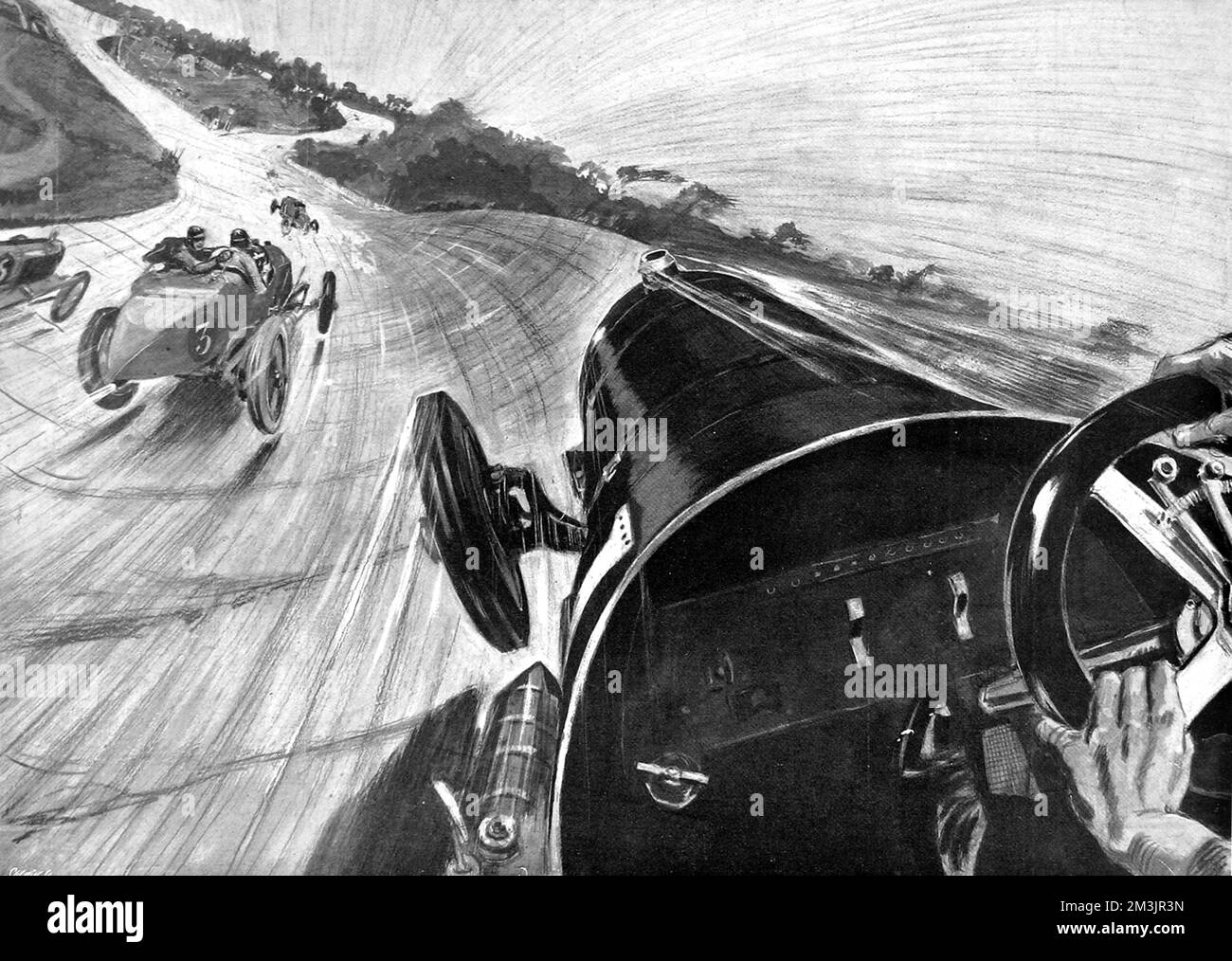 An impression of rounding a banked curve at Brooklands at a speed of 110 miles per hour, from the mechanics seat of a 59.6h.p. Benz, driven by Mr. L. G. Hornsted.     Date: 1912 Stock Photo
