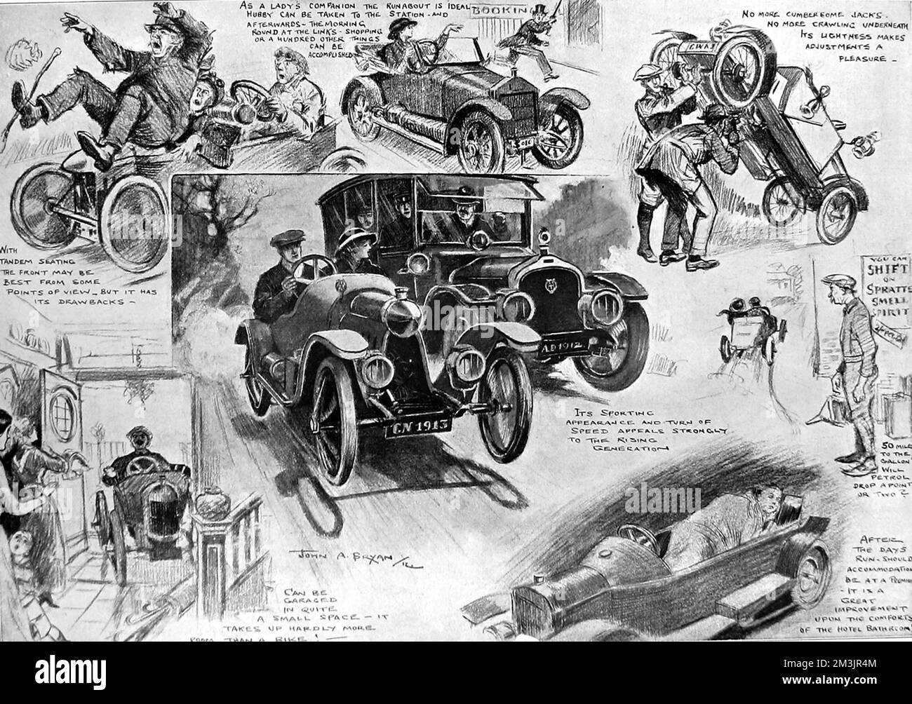 Cycle-cars were fashionable and popular from Edwardian times to the early 1920s, when their light weight, small size, low purchase price and running costs made motoring accessible to the masses. Most were only chain driven, two or three seaters with motorcycle engines and no weather protection.  1912 Stock Photo