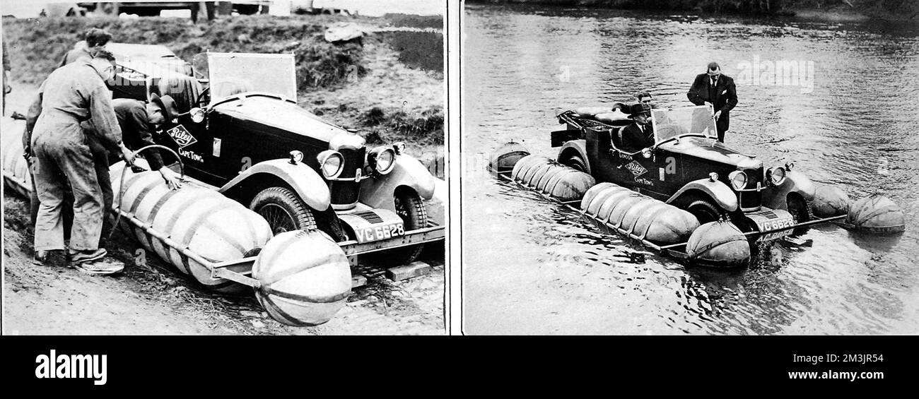 Two photographs showing the Riley amphibian 'floatercar', designed to cross rivers and swamps in Africa, bearing British samples and salesmen. Two Riley 13.9h.p models were fitted with 4 large bags on each side that when inflated, enabled the vehicle to float.  1931 Stock Photo