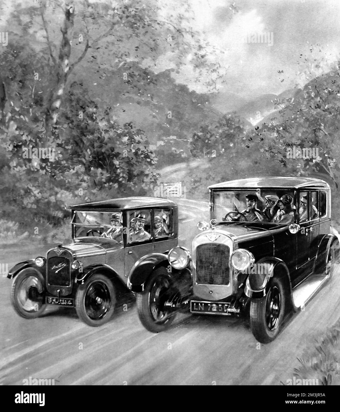 The universality of car ownership in 1926, by showing a large and a small car both made by Austin. By this time car ownership was becoming more accessible to those with lower incomes by the production of smaller cars such as the one illustrated on the left.  1926 Stock Photo