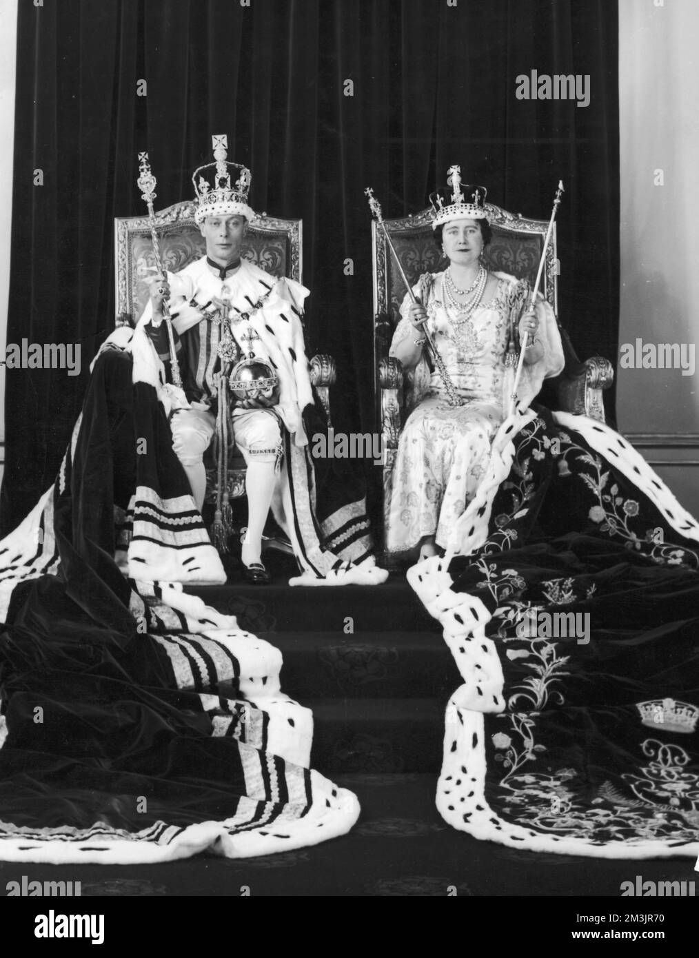 An Offical Photograph of the Coronation of King George VI, seated with his Wife the Queen, Elizabeth.  1937 Stock Photo