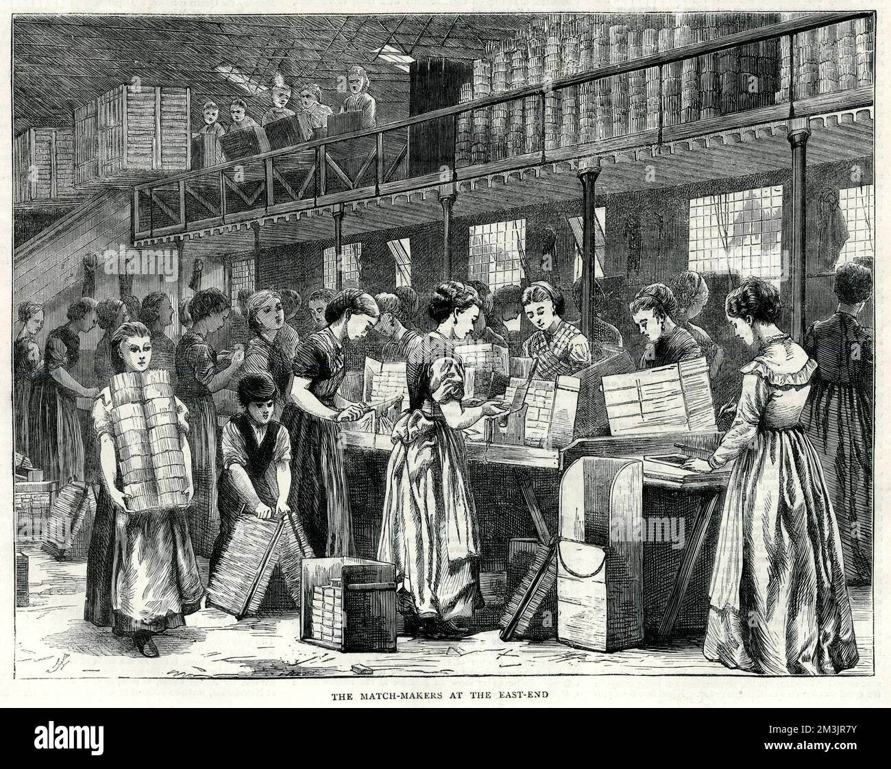 The Match Makers of the East End. The match-making industry employed mainly female workers and came to prominence in 1888 during the match-making strike when, led by Annie Besant, the workers at the Bryant &amp; May match factory in Bow went on strike in protest over long working hours and dangerous conditions.     Date: 1871 Stock Photo