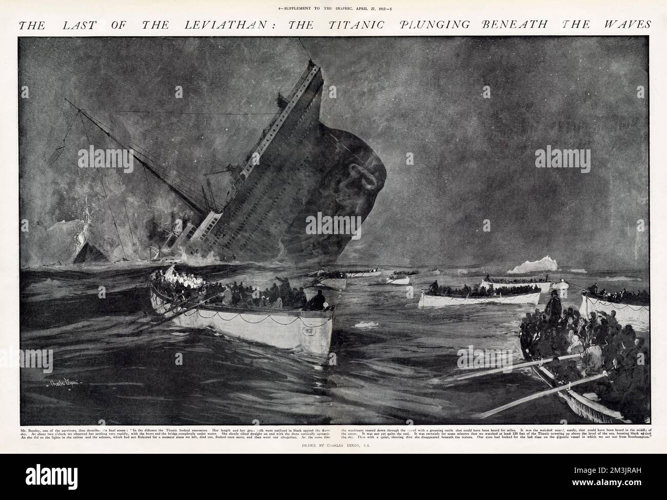 The last of the Leviathan: the Titanic plunging beneath the waves. Mr Beesley, one of the survivors, described the final scene: 'in the distance the Titanic looked enormous...she slowly tilted straight on end with the stern vertically upwards. As she did so the lights in the cabins and the saloons, which had not flickered for a moment died out, flashed once more, and then went out altogether.' Stock Photo
