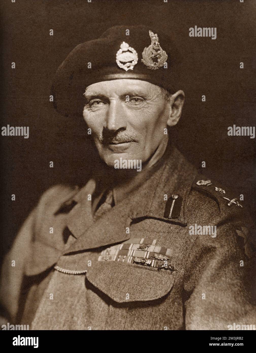 General Bernard Law Montgomery, 1st Viscount of Alamein (1887-1976). Montgomery was in command the 3rd division assault on Northern France in 1944. The military manoeuvre began in the early hours of June 6th and included British, Canadian and U.S forces. General Montgomery was famous for his command of the Eighth Army in the North African campaign and his defeat of Erwin Rommel at the Battle of El Alamein. He had previously served in World War One, during which he won the D.S.O.  June 1944 Stock Photo
