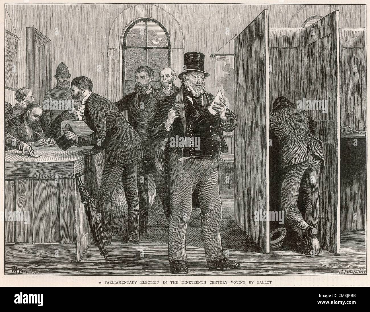 H. Harral and W.V Bromley's impression of men voting by ballot in a Nineteenth Century parliamentary election.     Date: 1873 Stock Photo