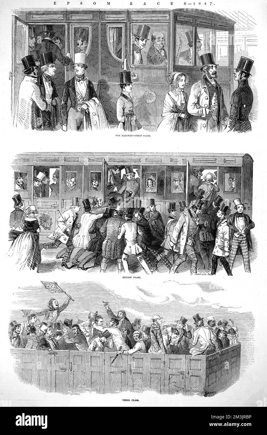 Three classes of carriage transporting people to the Epsom Races in 1847.  1847 Stock Photo