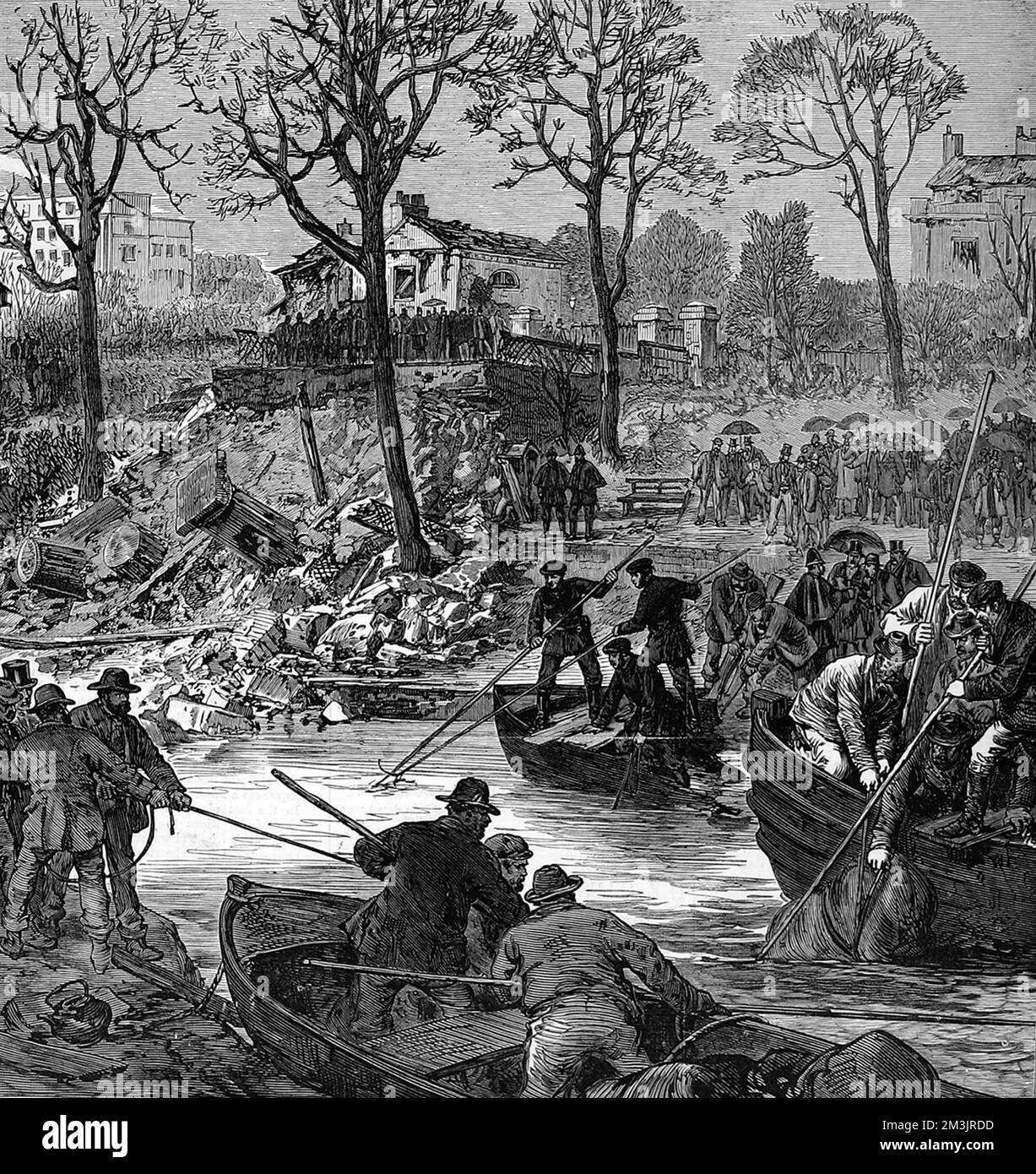 Clearing up the debris after a massive explosion caused a bridge over the Regents Canal to blow up. A barge covered in petroleum and gun powder blew up as it passed underneath the bridge on the night of1st of October 1874. Several lives were lost and near by houses destroyed.     Date: 1874 Stock Photo