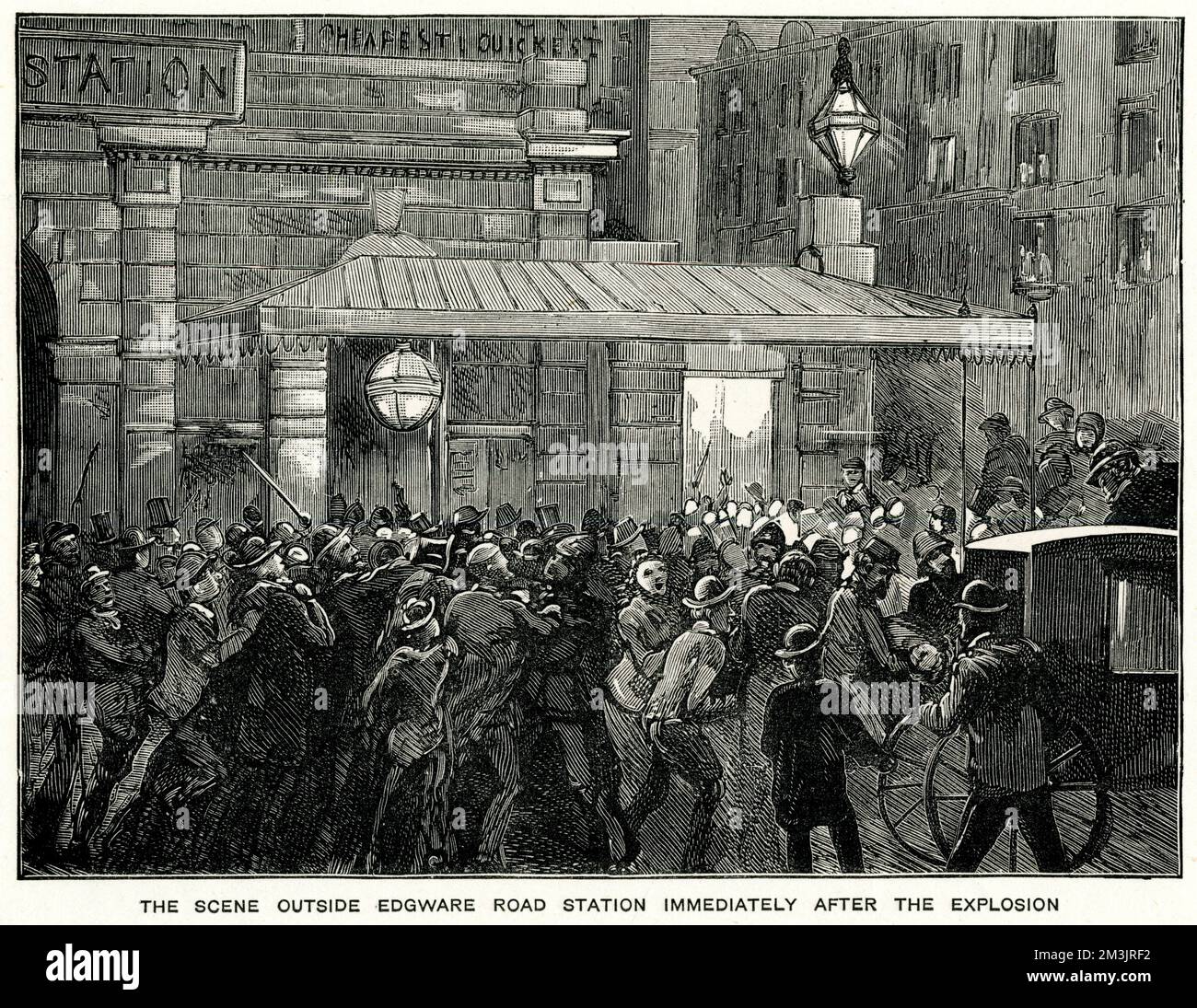 People running in panic from Edgware Road Station moments after an explosion on the underground service on 30 October 1883. Two explosions took place, one on a train near Paddington (Praed Street) and another in a tunnel between Charing Cross and Westminster. The wounded were taken to St Mary's Hospital, Paddington, to be treated.     Date: 1883 Stock Photo