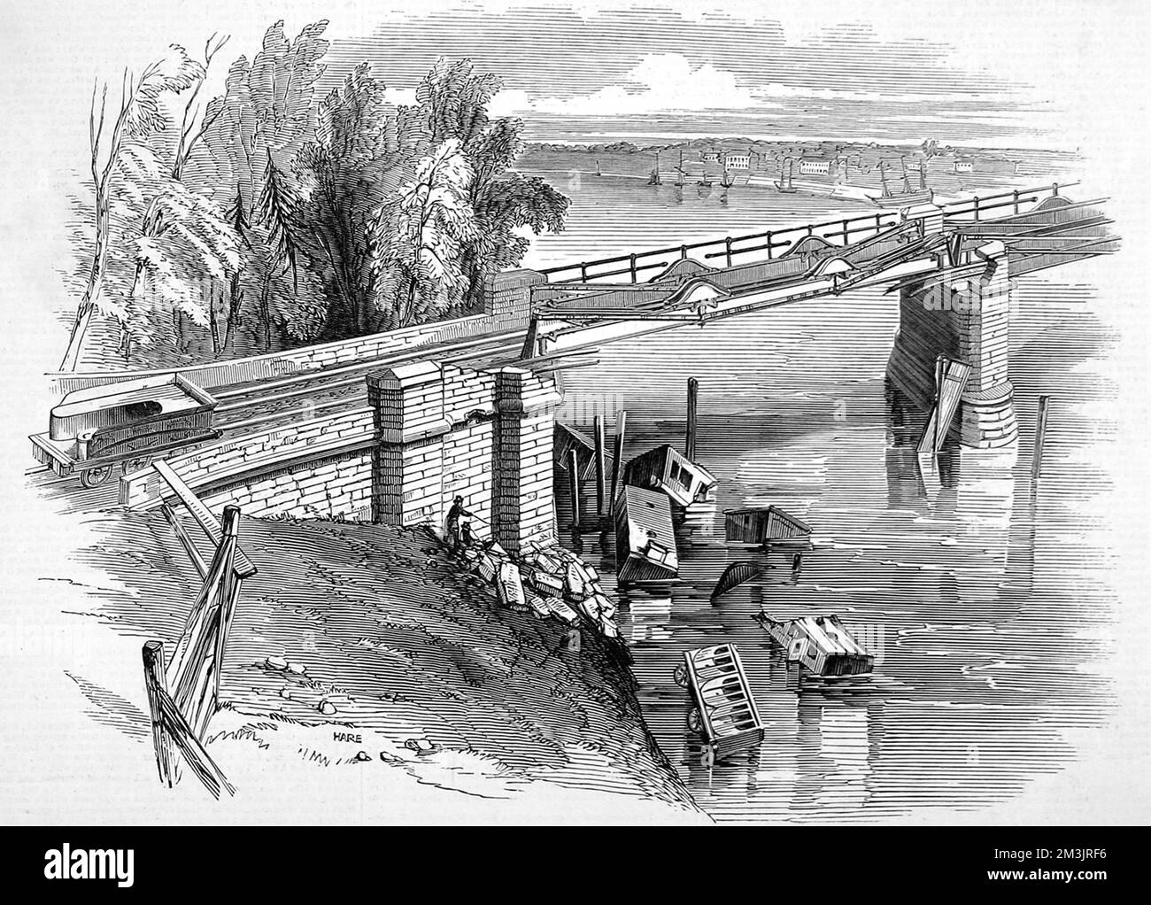 Railway accident at Chester showing a dilapidated span of the Dee Bridge. It was thought that the weight of the train caused it to strike a girder at which point the bridge gave way and the train plummeted through.     Date: 1847 Stock Photo