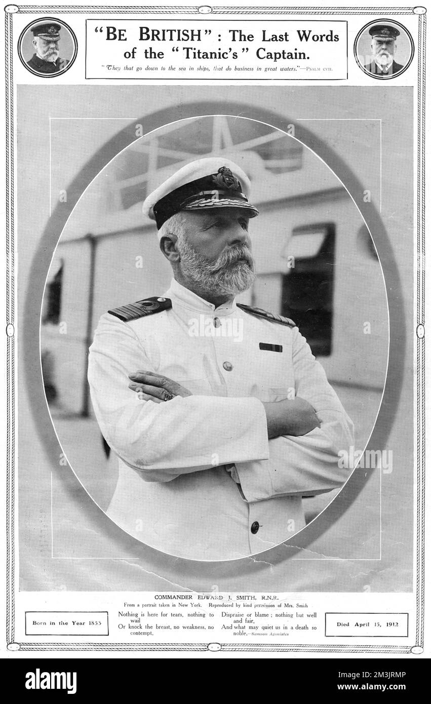COMMANDER EDWARD. J SMITH (1853 - 1912), Captain of the ill-fated Titanic. Commander Smith was a highly regarded and experienced captain who had worked on a number of White Star Liners before captaining the Titanic. Smith went down with the Titanic; his last noted words were 'Be British'. Photographed in his summer white uniform when Captain of the RMS Olympic.     Date: 1912 Stock Photo