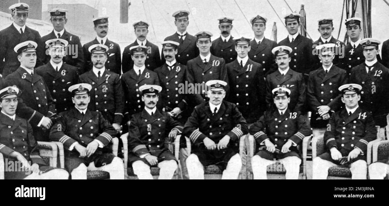 Fourteen Titanic engineers (pictured here aboard the Olympic) who were lost in the 1912 disaster. 1. W. D Mackie junior fifth. 2. F. A Parsons, senior fifth. 3. P. Sloan, senior electrician. 4. H. Jupe, assistant electrician. 5. F. Coy, junior assistant third. 6. B. Wilson, senior assistant 2nd. 7. L. Hodgkinson, senior 4th. 8. A. Ward, junior assistant 4th. 9. J. Shepherd, junior assistant 2nd. 10. H. Harvey, junior assistant 2nd. 11. H. Dyer, junior assistant 4th. 12. R. Millar, junior 5th. 13. J.Hesketh, second engineer. 14. G. F Hosking, senior 3rd.     Date: 1912 Stock Photo