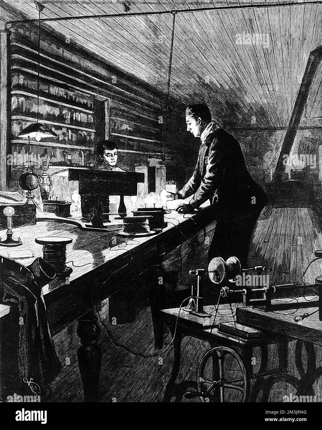 Thomas Edison (1847 - 1931), in his laboratory experimenting with light in 1880. The most prolific inventor the world has ever seen, he invented a a system for generating and distributing electricity making possible the widespread use of electric light. Stock Photo
