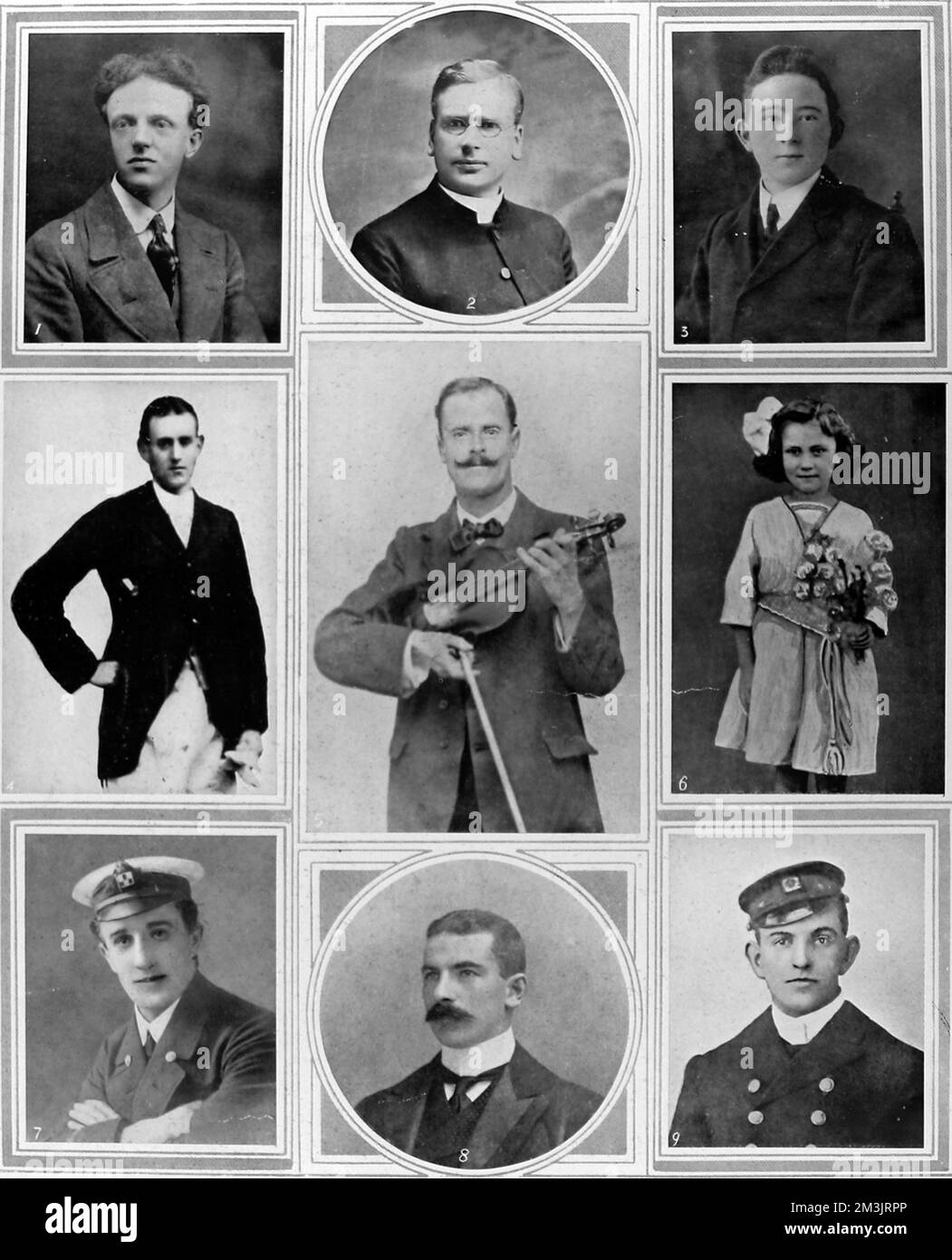 Survivors of the Empress of Ireland. 1. Mr Edward Bamford, junior wireless operator on the Empress of Ireland. 2. The Rev J. Wallet, of the United Methodist Church, Westcliff-On-Sea. 3. Mr Rowland Ferguson, Senior wireless operator on the Empress of Ireland. 4. Mr J W Langley, a rancher of Canford, British Coloumbia. 5. Mr Norman Bandmaster on Board the Empress of Ireland. 6. Miss Gracie Hannagan Daughter of Bandmaster Hannagan, of the Salvation Army, Toronto. 7. Mr J D White, seventh engineer on the Empress of Ireland. 8. Mr J Fergus Duncan, of Messrs Kimber, Bull and Duncan Solicitors, 6 old Stock Photo