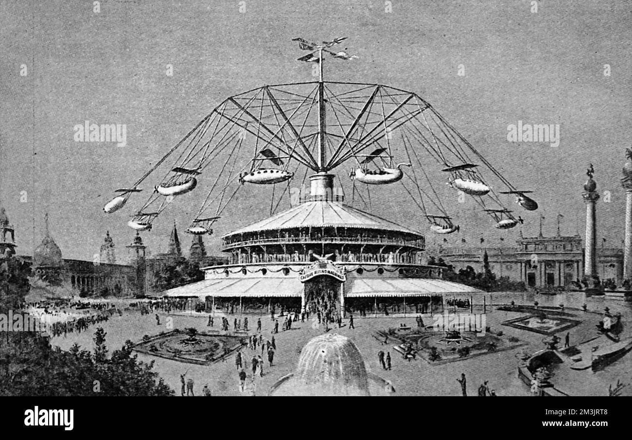 Sir Hiram Maxim's latest invention, the ‘Captive Flying Machine’ attraction, touring around England, eventually located at Blackpool Pleasure Beach. Powered by steam-power, the 10 revolving capsules are suspended in the air while spinning around, attached by steel wire ropes. Stock Photo