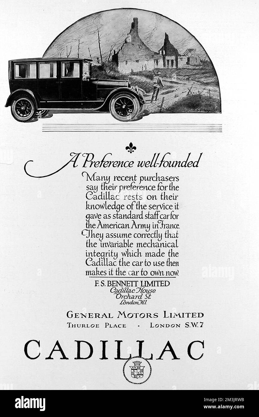 Advertisment for Cadillac cars showing an illustration of the car with a war scene in background, a reference to the fact that Cadillac cars provided excellent service to the American Army in France during World War I.     Date: 12th  November 1920 Stock Photo