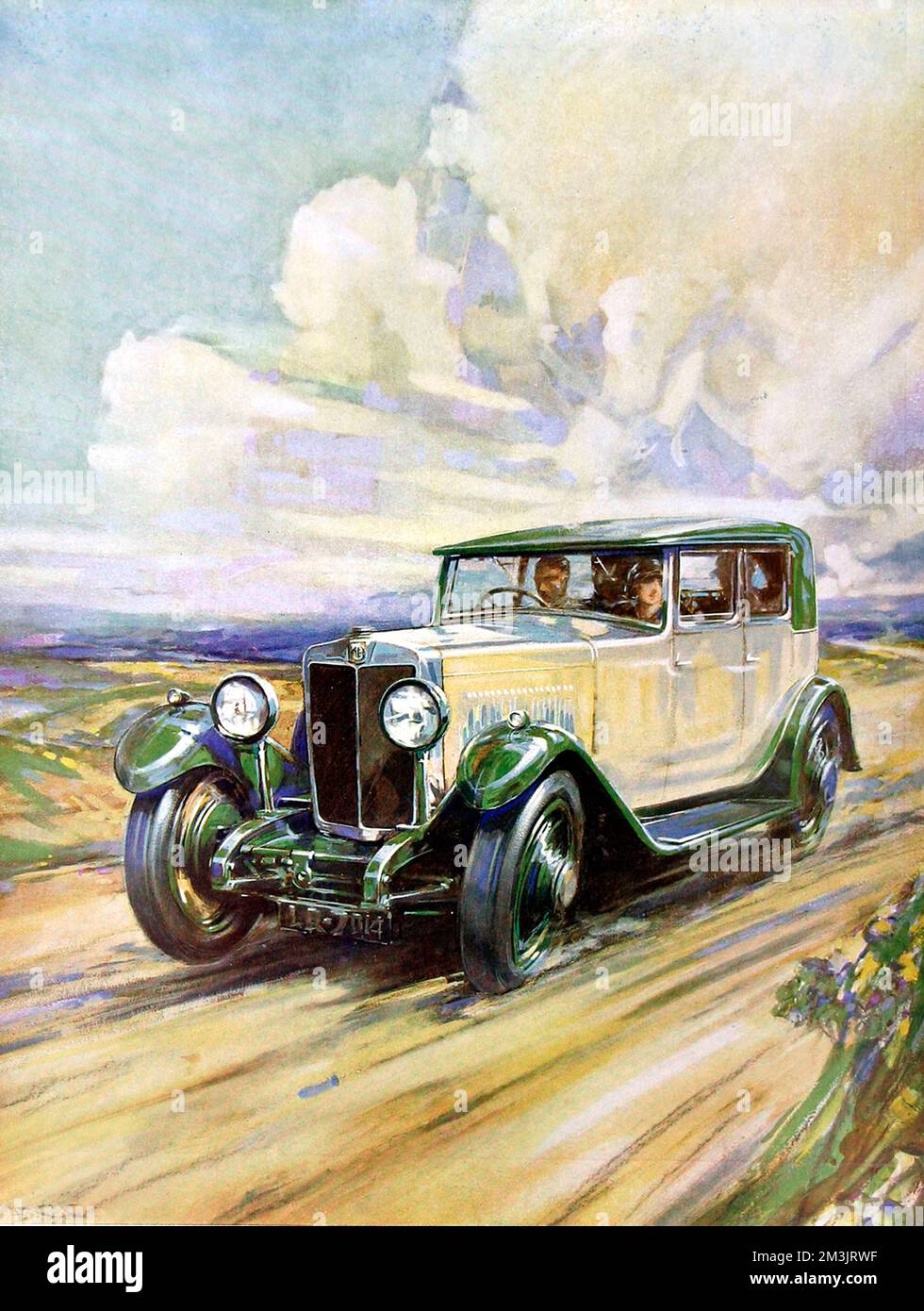An illustration captioned 'Morning on the Moors' showing an M.G. Six Sports car, which at the time was one of the fastest standard sports cars available at a price of 510.     Date: 1929 December Stock Photo