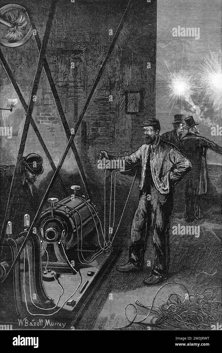 Electric light apparatus, known as the Dynamo-Electrical machine. Made by the Russian engineer M. Jablochkoff, the machine was employed by him to generate electric currents called the 'Gramme' after the name of its French inventor. The machine was refine and modified by Jablochkoff to improve its efficiency. Stock Photo