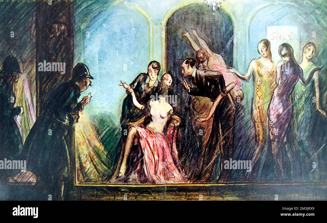 Windowdressers in Regent Street dismembering shop dummies, as a