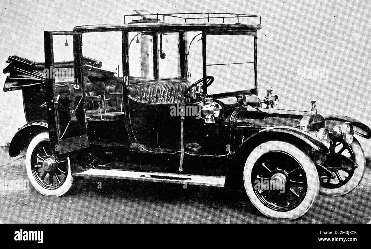 A photograph showing the 20h.p. Austin 'Marlborough' Landaulette. The car had a 10ft wheelbase chasis. Its fitments included a ventilator in the roof, a speaking tube and silk blinds to the frameless windows, which had special winding gear.     Date: 1913 Stock Photo