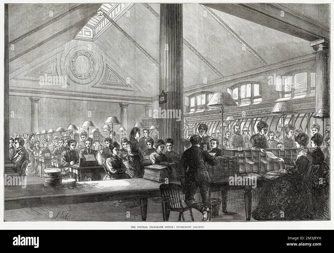Telegraphists at work in the instrument gallery of the Central Telegraph Office in Newgate Street, London.     Date: 1874 Stock Photo