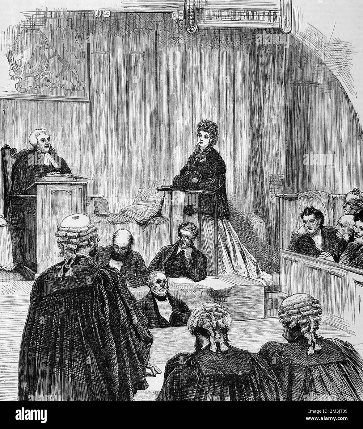 Divorce court scene from 1870, the plaintiff wife in the witness box being questioned by counsel.  1870 Stock Photo