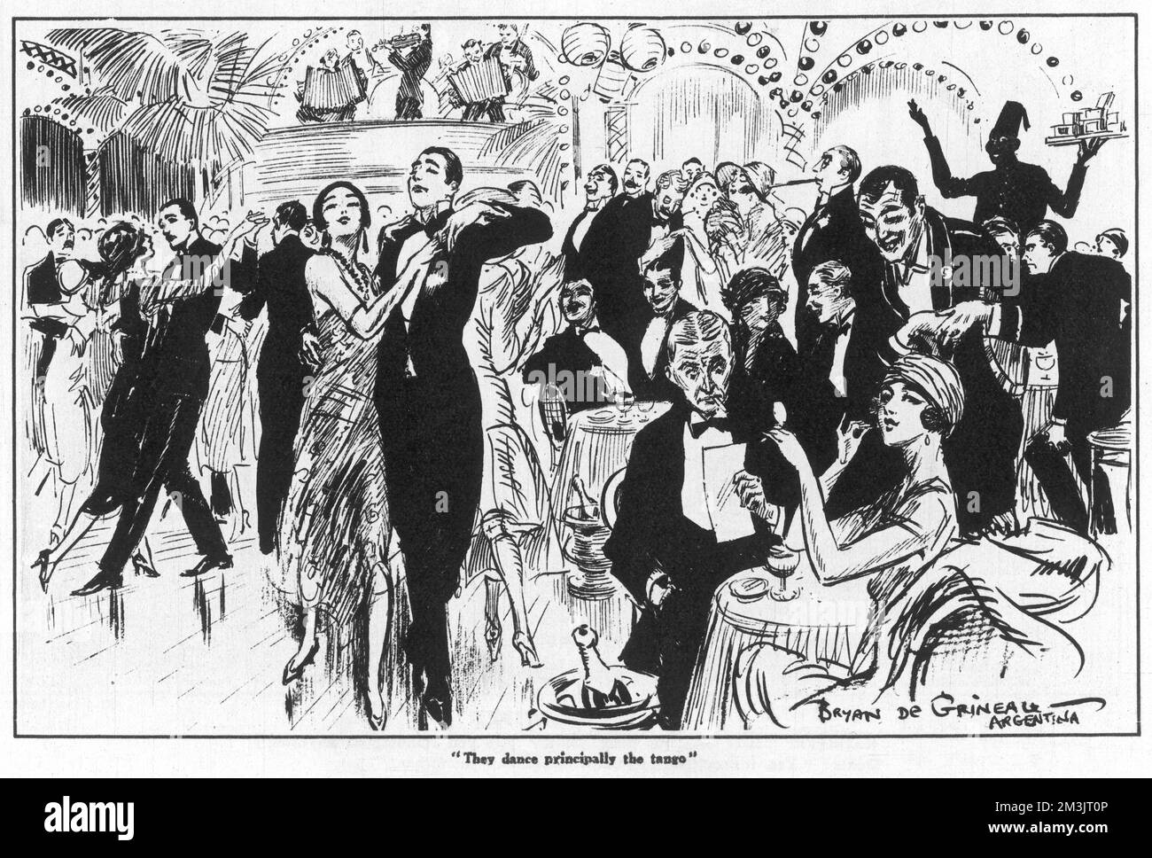 Nightlife in Buenos Aires, Argentina.  In a club, dancers are dancing the tango while onlookers sit at tables attended by waiters.     Date: 1925 Stock Photo