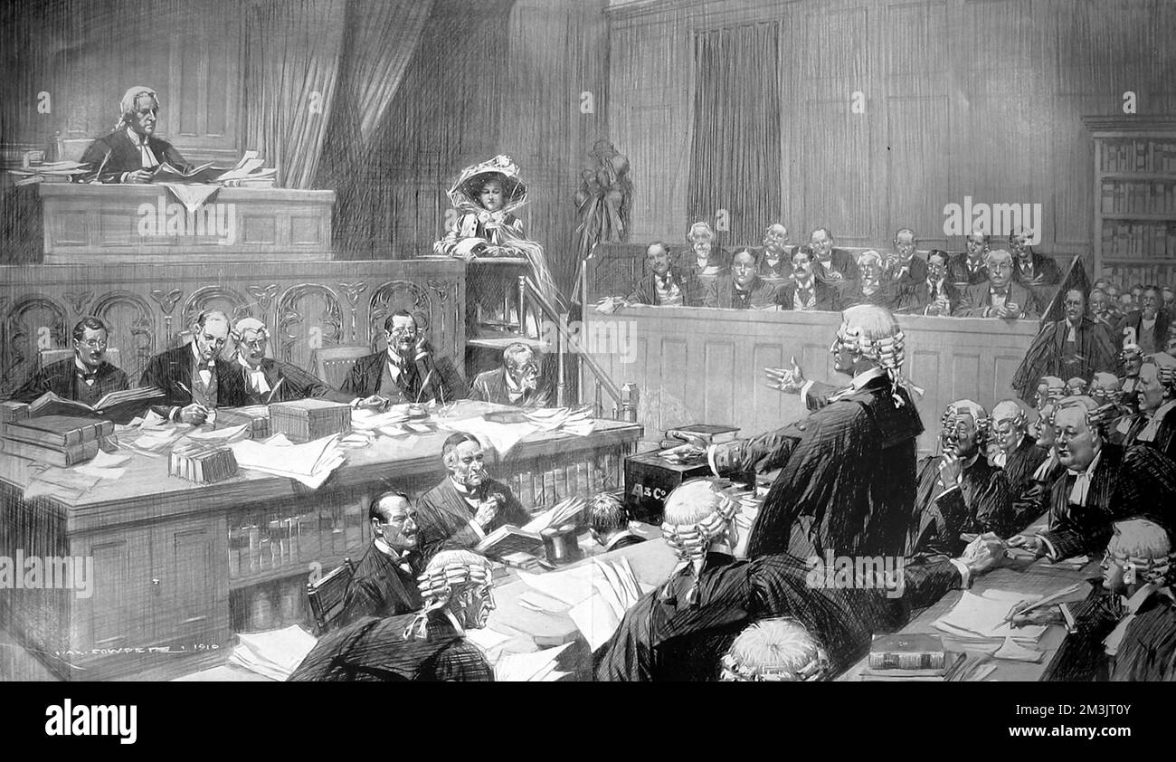 Divorce court scene from 1910, showing the plaintiff in the dock.  1910 Stock Photo