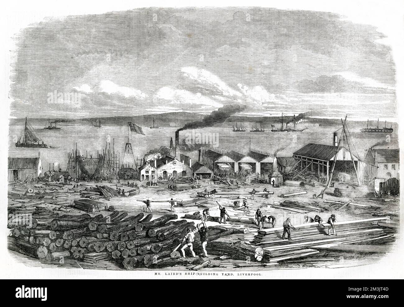 Mr. Laird's ship-building yard in Liverpool. Iron ship-building on an extensive scale originated from this prolific ship-yard, with vessels carrying heavy guns for the East India Company constructed at Laird's. 75 ships were built between January and October 1856, when this drawing was made.     Date: 1856 Stock Photo