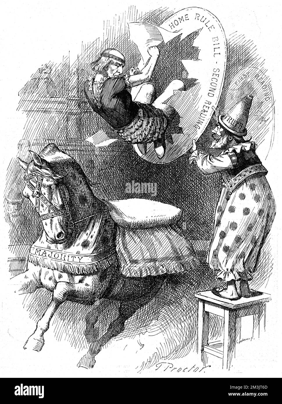 Cartoon from 1893 showing William Gladstone as a circus performer flying through a hoop representing the Home Rule Bill. The Home Rule Bill proposed an Irish Parliament responsible for internal affairs. Both attempts by Gladstone, the first in 1886, the second in 1893, were rejected by the House of Lords. Stock Photo