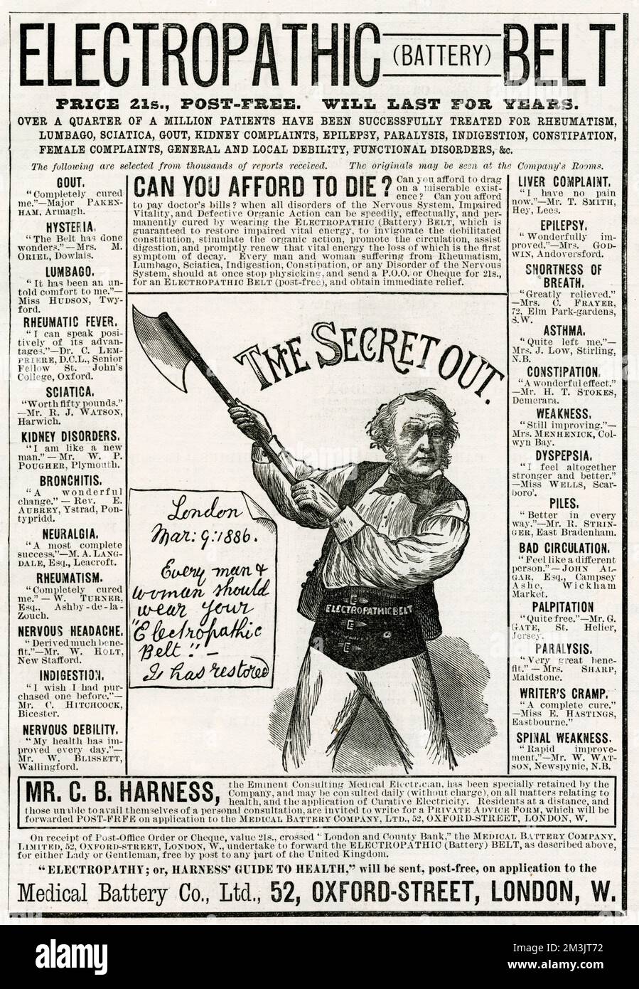 Advertisement from 1886 for the Medical Battery Company's Electropathic Belt, featuring a caricature of William Gladstone, Prime Minister wielding an axe and wearing the belt. Electrical remedies of this time, which made extravagant claims to cure practically all ailments, were typical of the late nineteenth century. Stock Photo