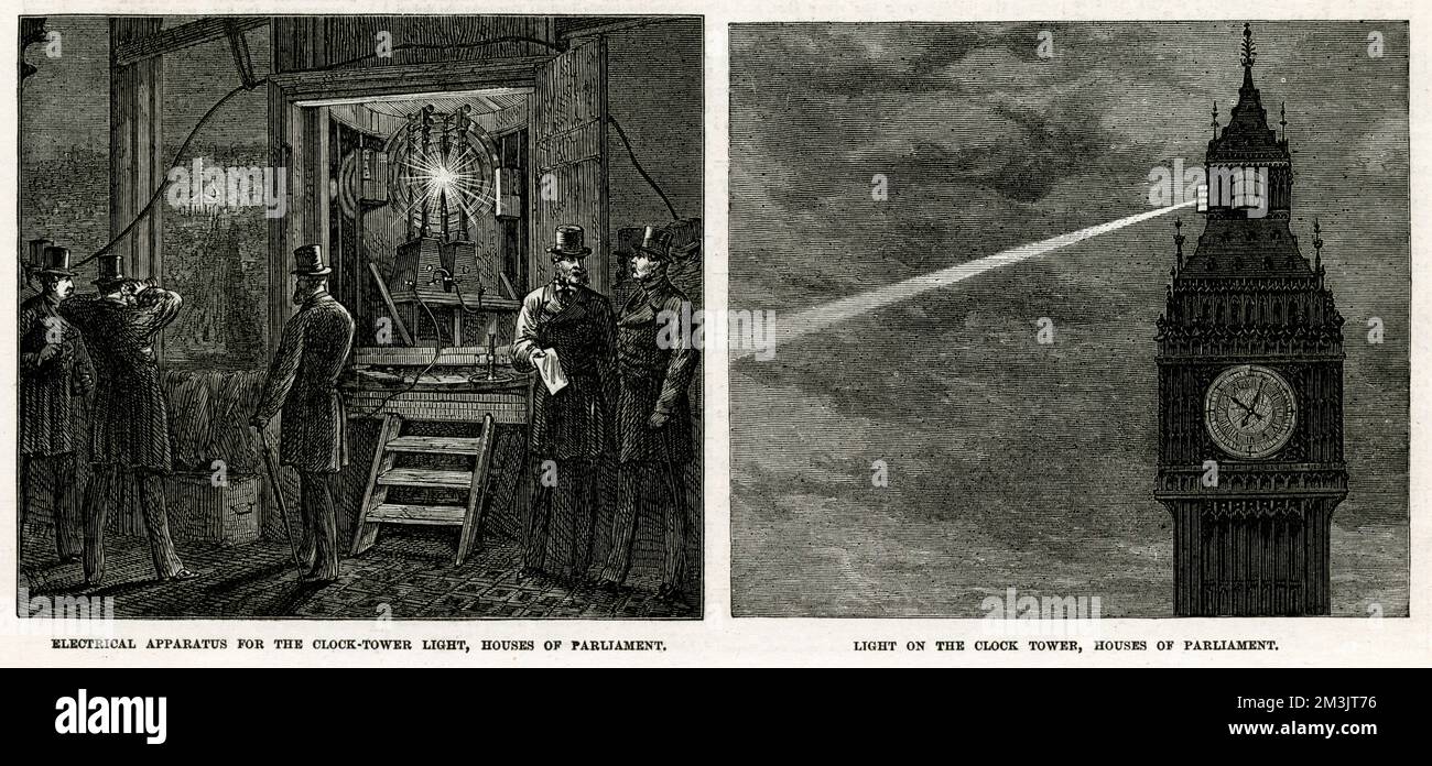 Two engravings from 1873 showing Zenobe Gramme's electric light shining from Big Ben and the electric apparatus in the clock-tower.  The light was generated by a small dynamo placed 300 metres away in the basement of the House of Lords.     Date: 1873 Stock Photo