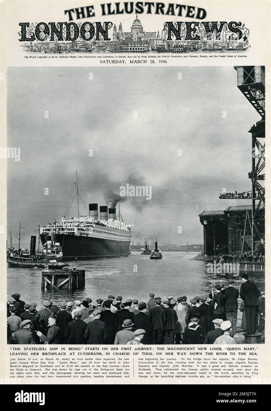 R.M.S. 'Queen Mary' leaving Clydebank, March 1936 Stock Photo