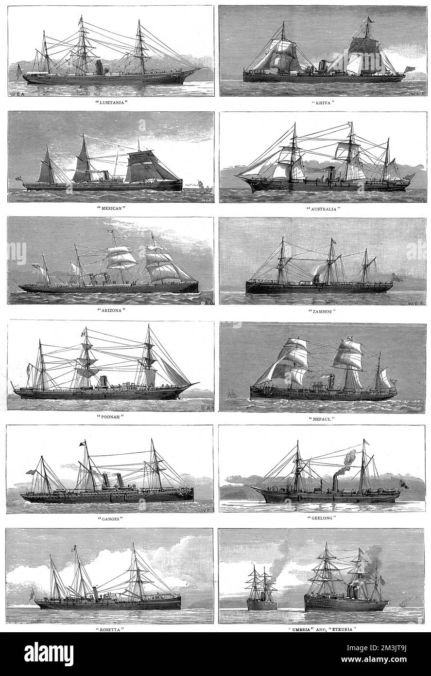 Steamships 'Lusitania', 'Khiva', 'Mexican', 'Australia', 'Arizona', 'Zambesi', 'Poonah', 'Nepaul', 'Ganges', 'Geelong', 'Rosetta', 'Umbria' and 'Etruria' (left to right, top to bottom). These ships, from the P&amp;O, Cunard, Orient, Union and Guion Lines, were among 150 merchant vessels that the British Government could have taken over to act as Armed Cruisers in the event of a war with Russia.  1885 Stock Photo