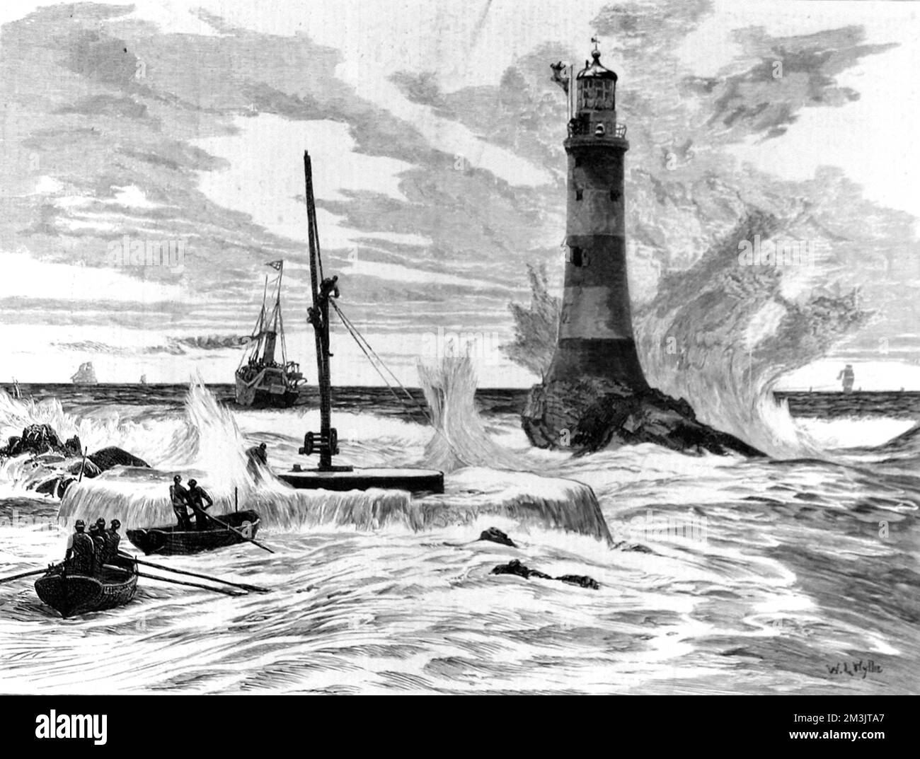 Engraving of the Eddystone lighthouse built by Smeaton in 1759 and the foundations of the new lighthouse, designed by Sir James Douglass. The Smeaton lighthouse was being replaced as its foundations had been eroded. Once the new Douglass lighthouse was complete, the Smeaton lighthouse was taken down and rebuilt on the Plymouth Hoe.  1879 Stock Photo