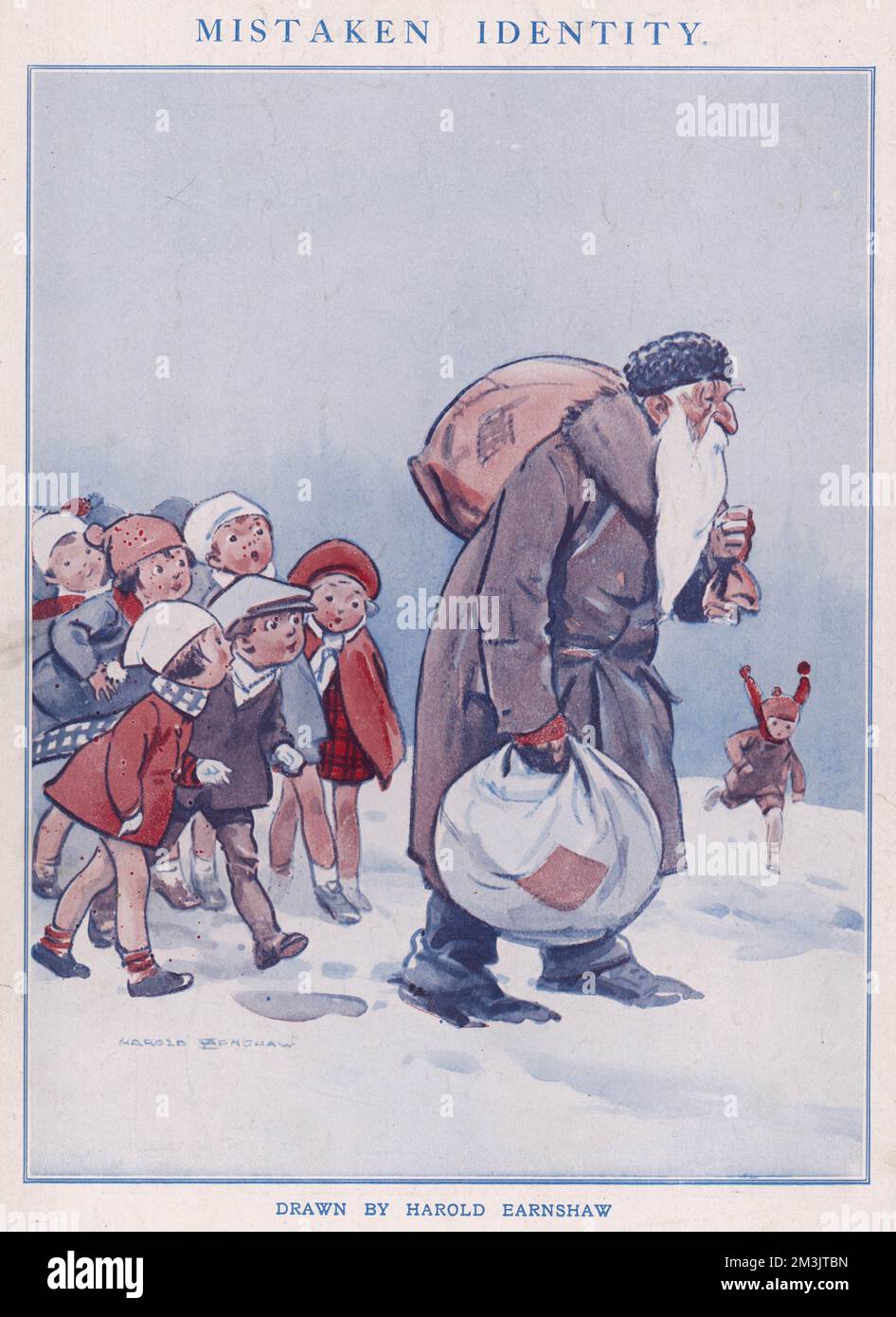 A group of children pursuing an old man carrying sacks and baggage through the snow, in the belief that he is Father Christmas.     Date: 1926 Stock Photo
