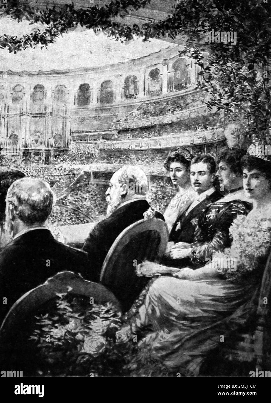 Edward VII (1841 - 1910) in the Royal Box at the Albert Hall in May 1905. A keen devotee of social and leisure pursuits, Edward was an active theatre-goer. This particular illustration shows him attending the Union Jack Club concert. Stock Photo