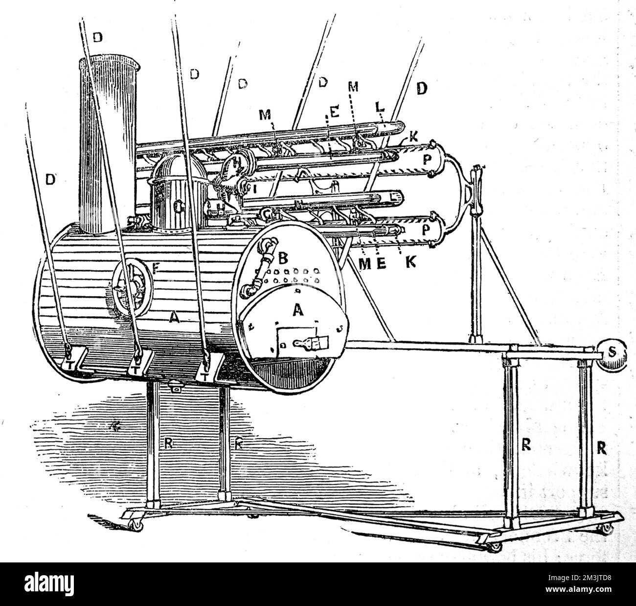 Hydro-electric machine invented by William George Armstrong (1810-1900), later Baron Armstrong of Bamburgh and Cragside, in the 1840's. Originally training as a solicitor, Armstrong was fascinated by mechanics and demonstrated this particular machine at the Literary and Philosophical Society of Newcastle-upon-Tyne to an audience which included famous engineers such as Faraday and Whitworth. The invention utilised high pressure steam issuing through nozzles in the boiler.  1845 Stock Photo