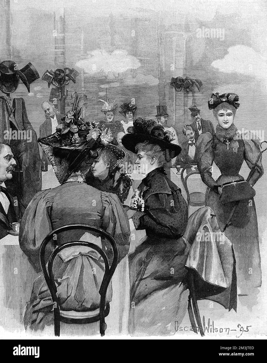 An unidentified London restaurant in1895 showing fashionable diners at tables and waiting to be seated. Top hats and frock coats hang from hooks on the wall, while the ladies keep their elaborate hats, popular around the turn of the century, on their heads. Stock Photo