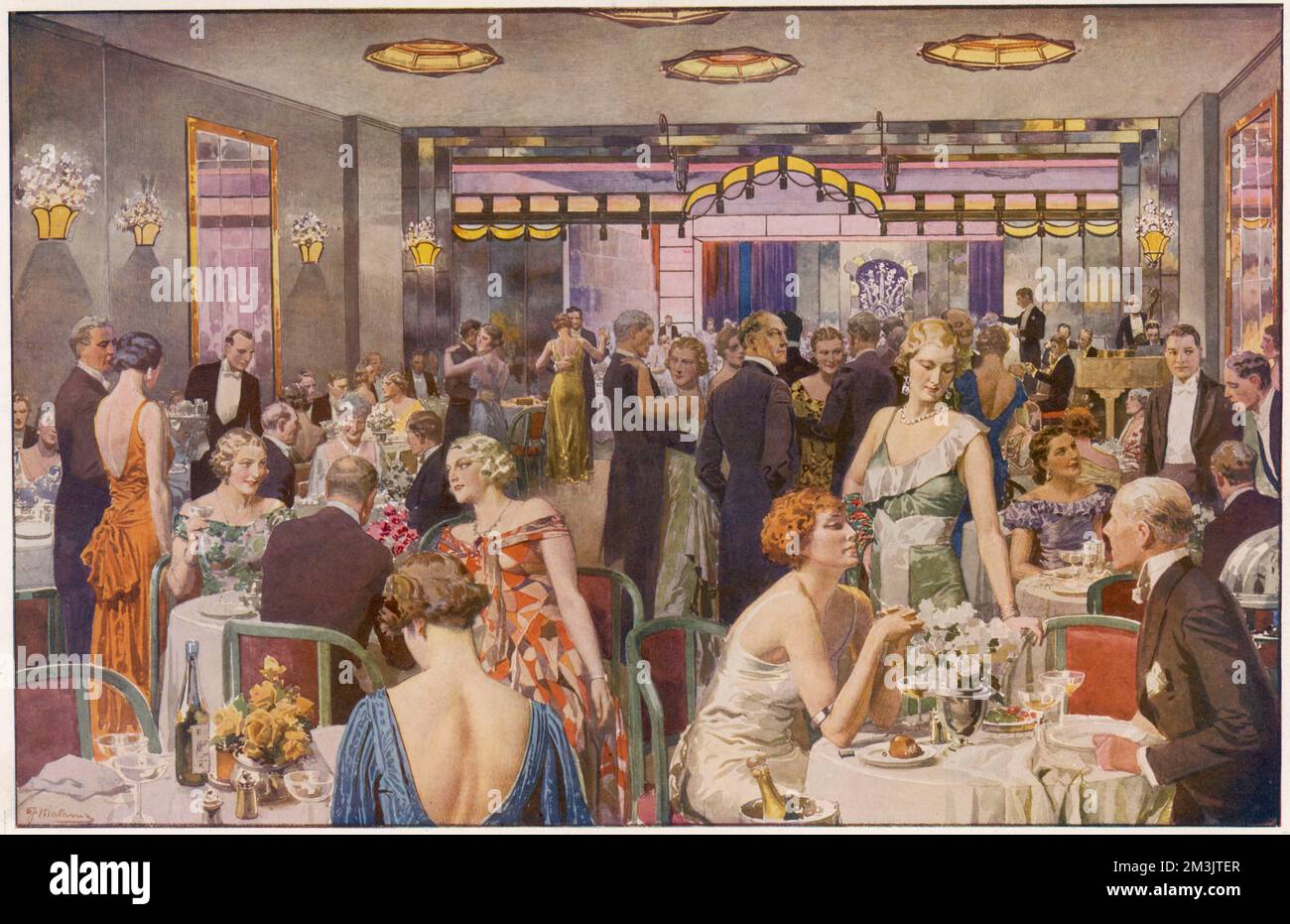 Scene at Quaglino's restaurant in Bury Street from 1932 showing diners in evening dress, at tables, chatting or dancing.  Originally established in 1929, Quaglino's was the most famous of London's 'society' restaurants.     Date: 1932 Stock Photo
