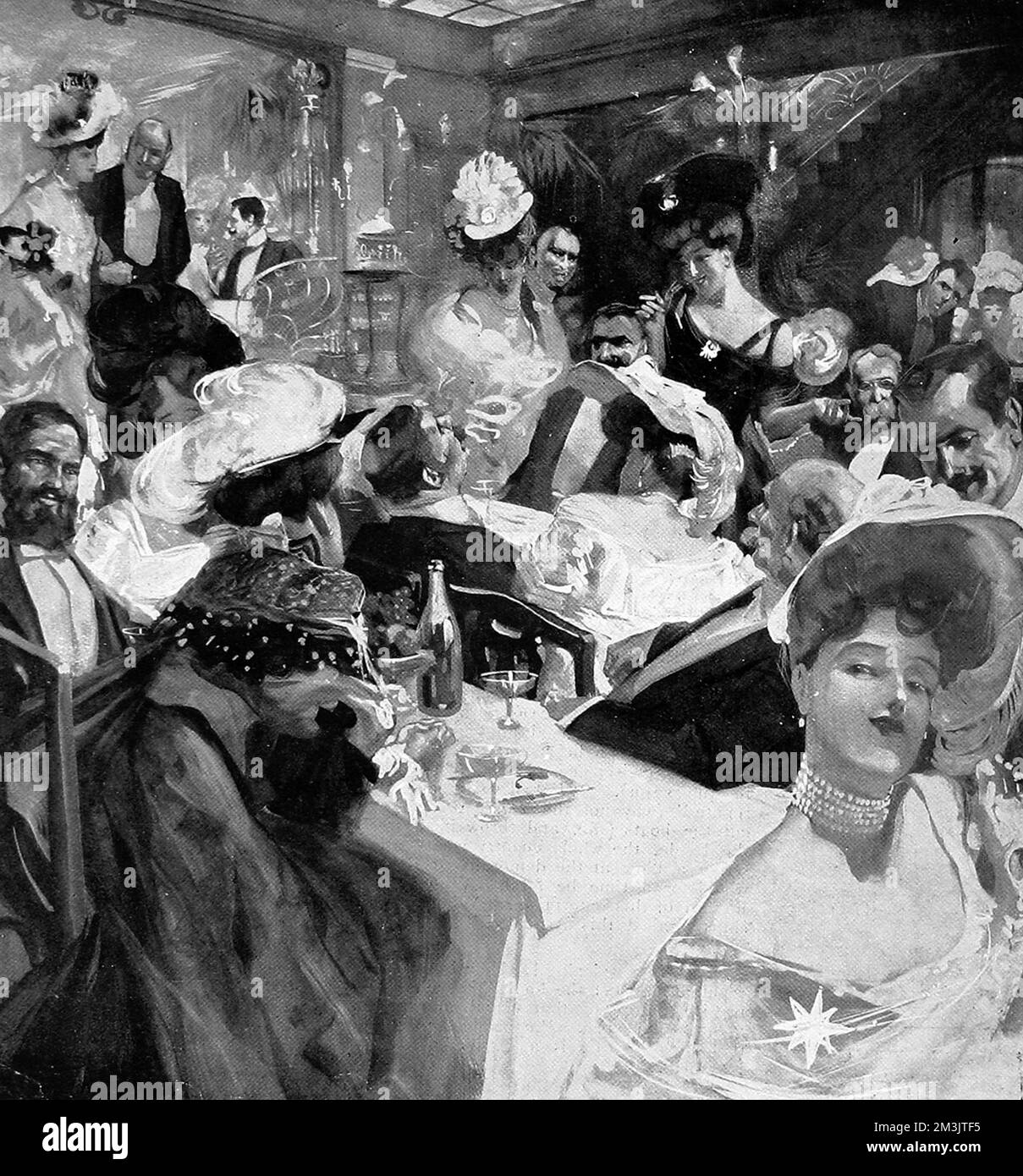 Christmas Eve at the Parisian restaurant, Maxim's. Maxim's was founded by Maxime Gaillard on April 23rd 1893 becoming Paris' most celebrated and fashionable restaurant.     Date: 1907 Stock Photo