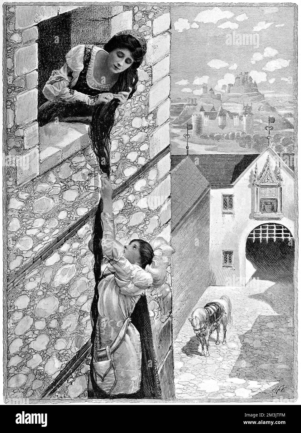 The prince climbing the golden ladder of Rapunzel's hair.  Grimm's fairy stories told with photographs and illustrations.  From the Christmas Number 1907.     Date: 1907 Stock Photo