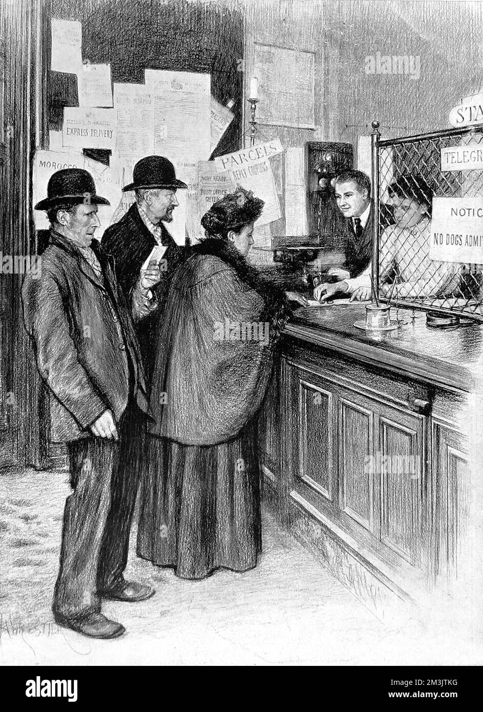 Collecting the first weekly pension instalment at the post office. The Old Age Pension Act was introduced by David Lloyd George in 1908 with the first pensions available on the 1st of January 1909. Weekly payments were made to all those who had qualified for the benefit, a total of 528000 claims at the time. Stock Photo