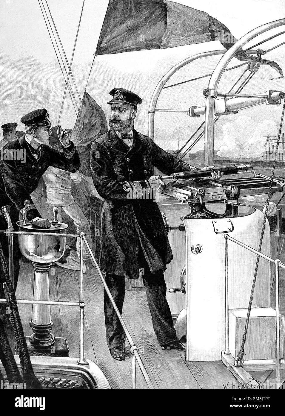 The Bridge of a British Ironclad, with several officers on watch and the signal flags in use behind them.  1897 Stock Photo