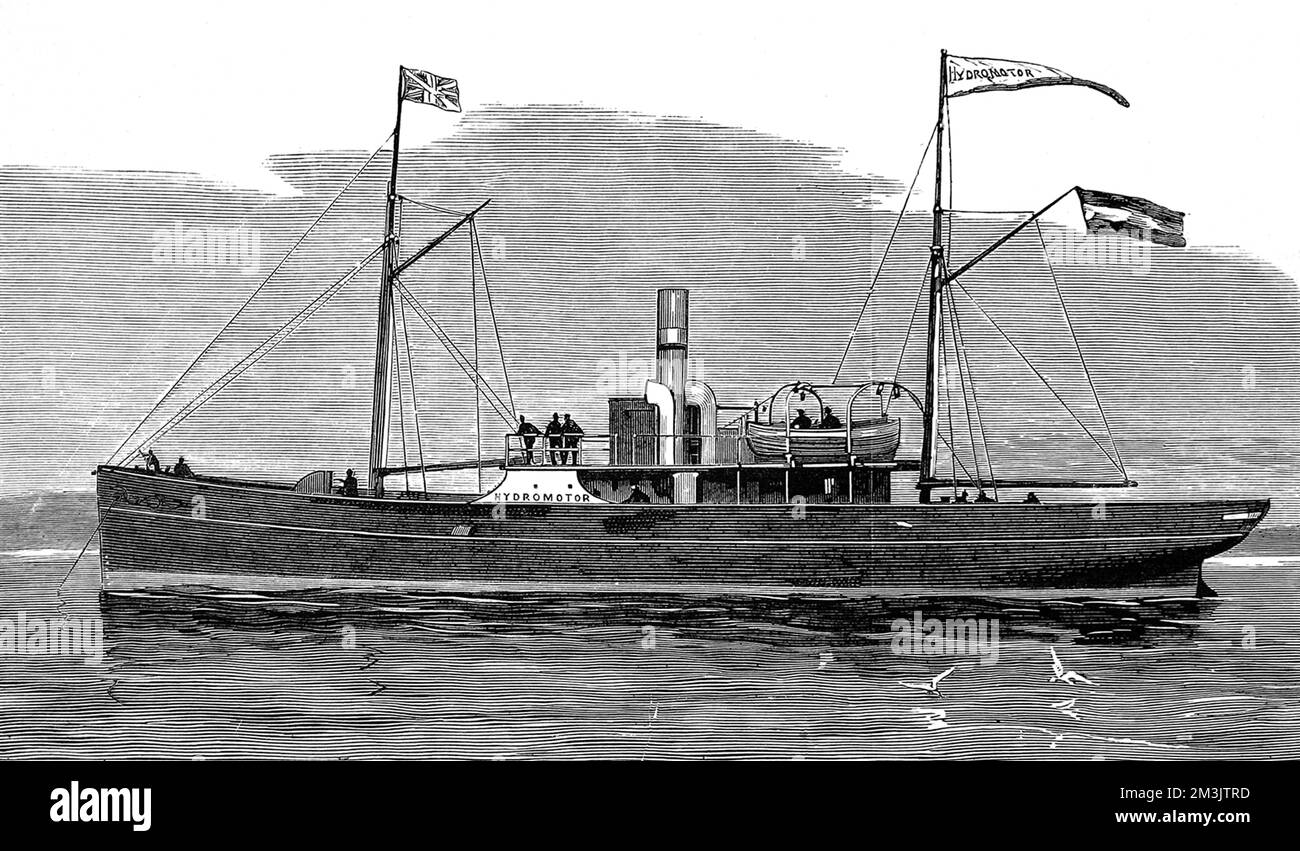 Engraving of the Hydromotor Ship, invented by Dr. Emil Fleischer of Dresden, September 1881.  Instead of propeller or paddle-wheel, this vessel was propelled and steered by drawing in and shooting out streams of water.     Date: 1881 Stock Photo