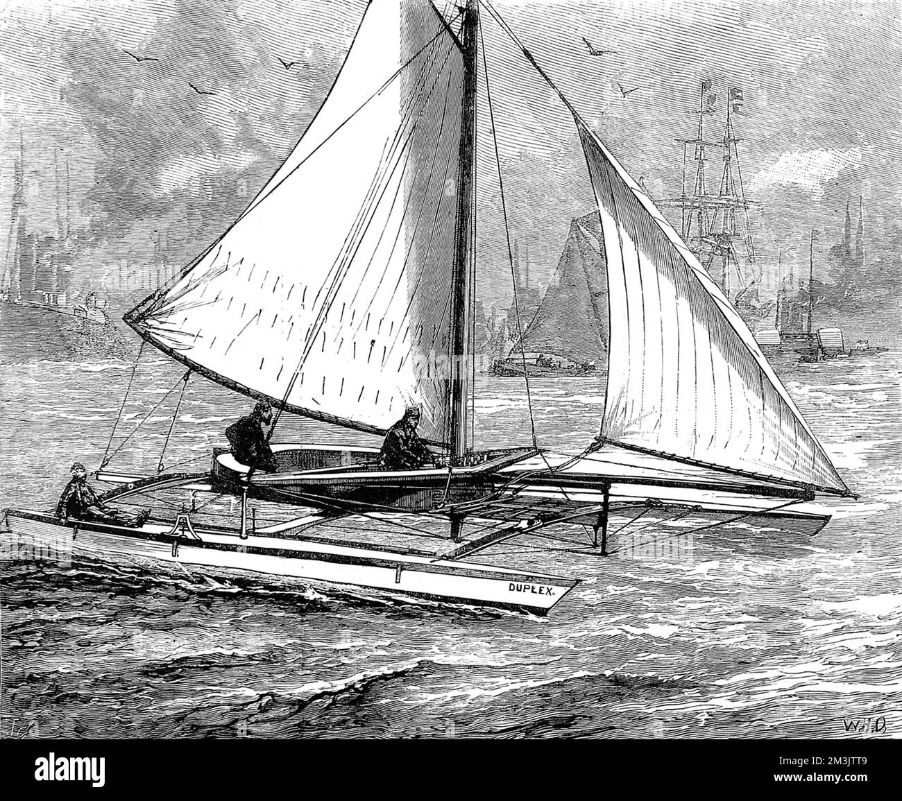 Engraving of a Duplex Catamaran, built in Rhode Island USA, for Mr. Henry N. Custance, honorary treasurer of the Corinthian Yacht Club, August 1880.  The engraving shows the vessel near her moorings on the River Thames at Erith.  The catamaran was 33 feet long, with a draught of 3 foot, and had been recorded making 23 mph (with the tide) in the Lower Hope.     Date: 1880 Stock Photo