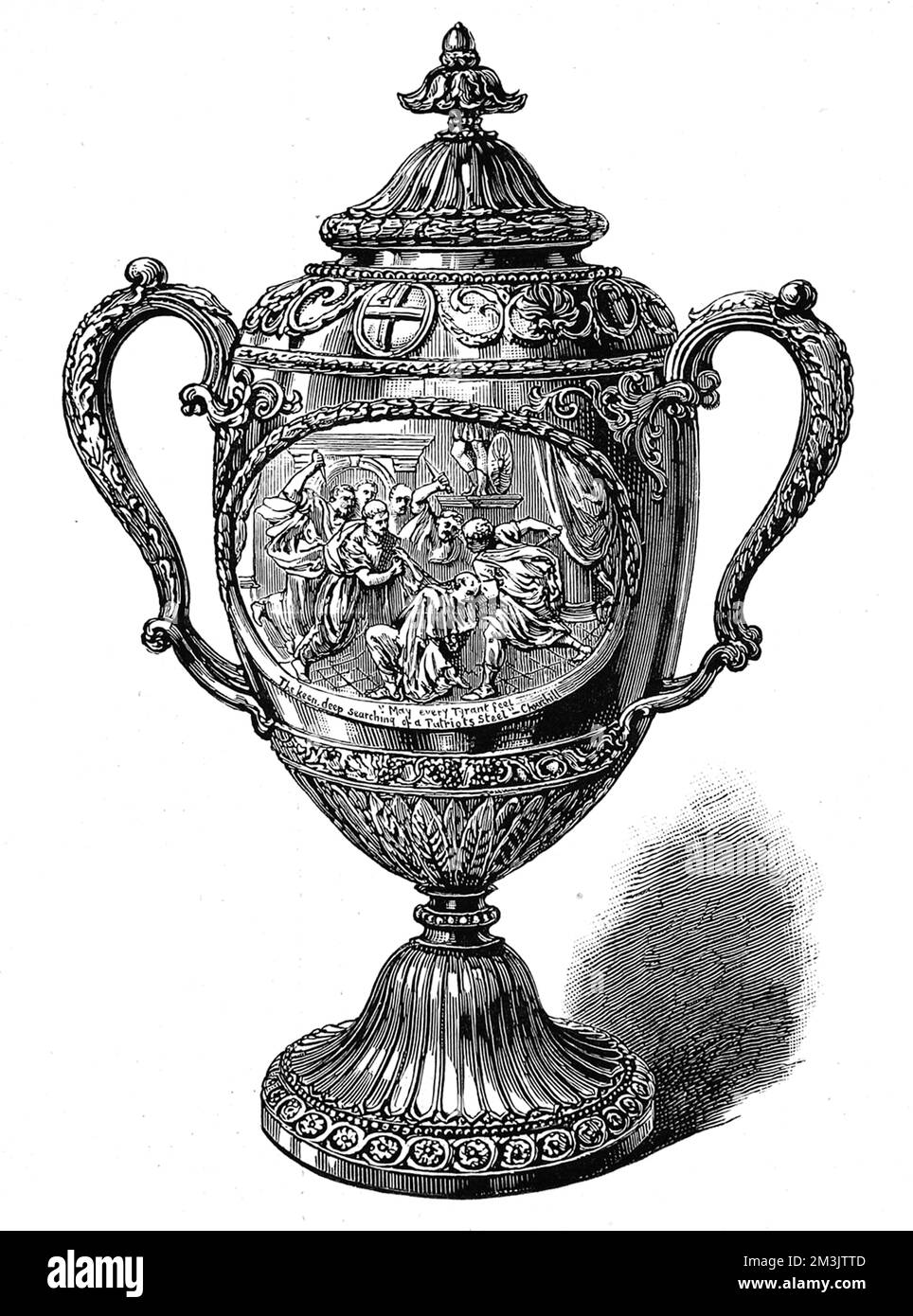 Engraving of a Loving Cup presented to John Wilkes, MP and Lord Mayor of London, by the City Corporation on 24th January 1772 'in commemoration of his valuable services in defending the freedom of the Press against a despotic Parliament'.     Date: 1881 Stock Photo