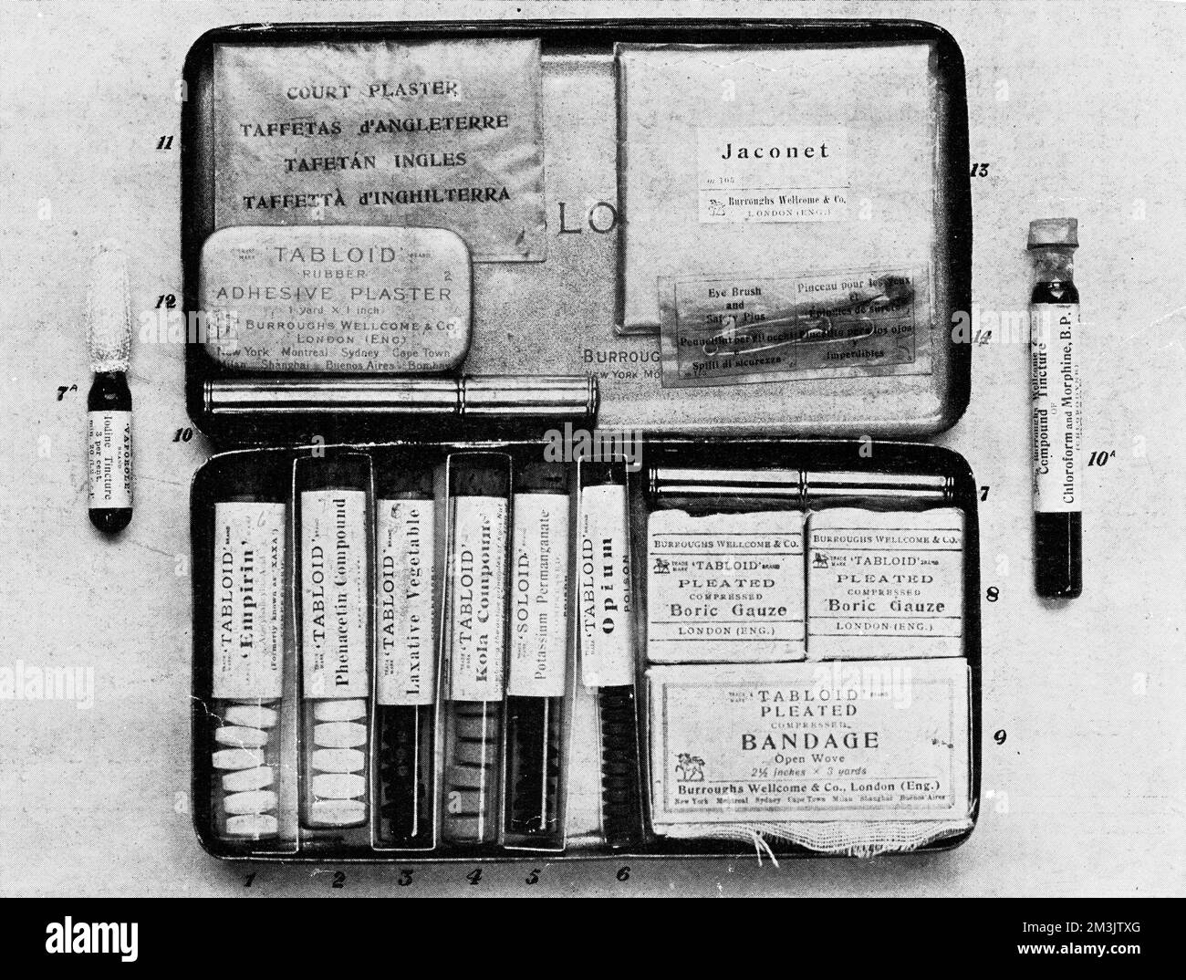 Medical equipment in a handy portable case made for soldiers, war correspondents, airmen and explorers. The kit contains Kola compound that supresses hunger and thirst. There are also various antiseptic ointments and bandages enclosed, essential for quick recoveries.     Date: 1915 Stock Photo