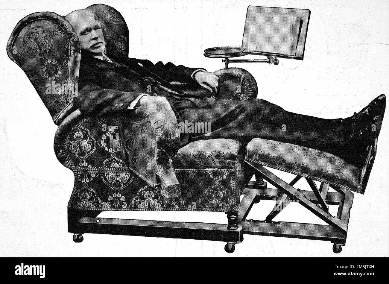 Foot's patent resting chair, 'for relaxation after dinner helping to aid digestion'.     Date: 1912 Stock Photo